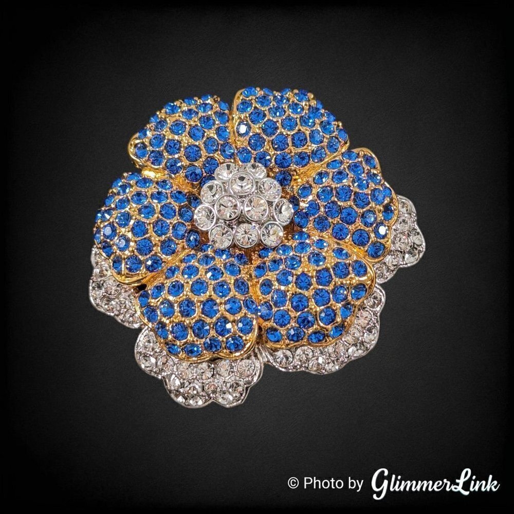 VTG JBK Jackie Kennedy Camrose & Kross Blue and Clear Crystals Flower Brooch